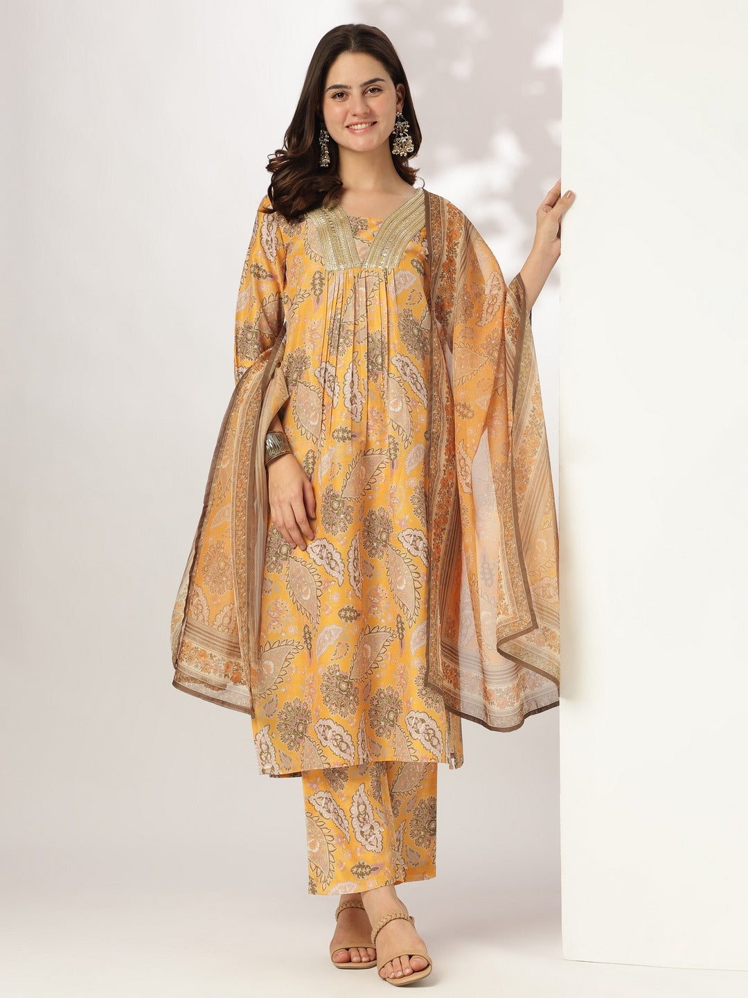 SILK GOLDEN MUSTARD KURTA TROUSERS DUPATTA SET