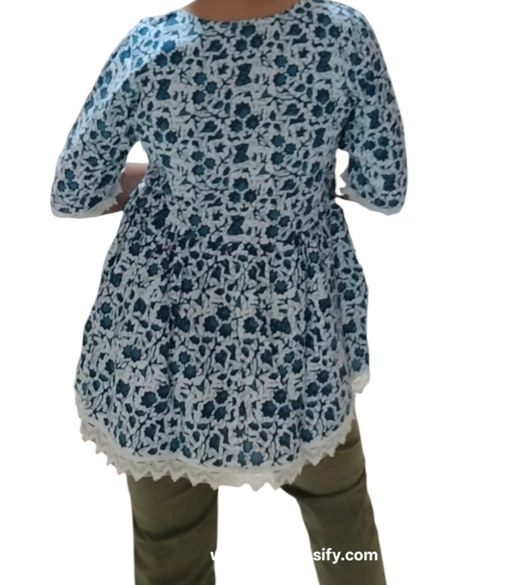 JAIPURI SHORT KURTI BLUE WITH LACE