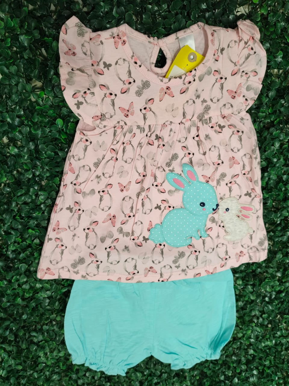 Pink floral cotton top with sea green shorts