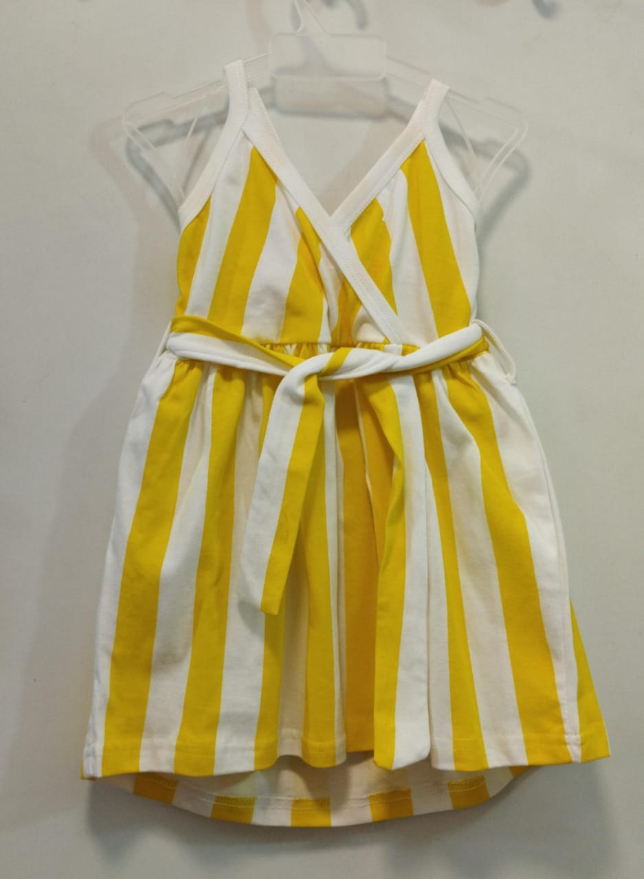Neon yellow white stripes strap dress with belt