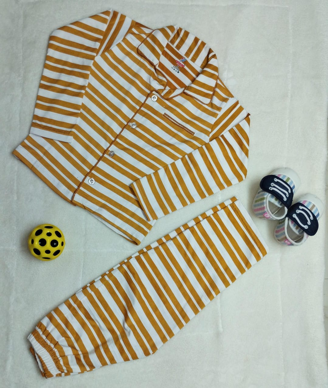 Unisex Mustard yellow cotton coords / night wear for boys and girls-unisex-mustard and white stripes