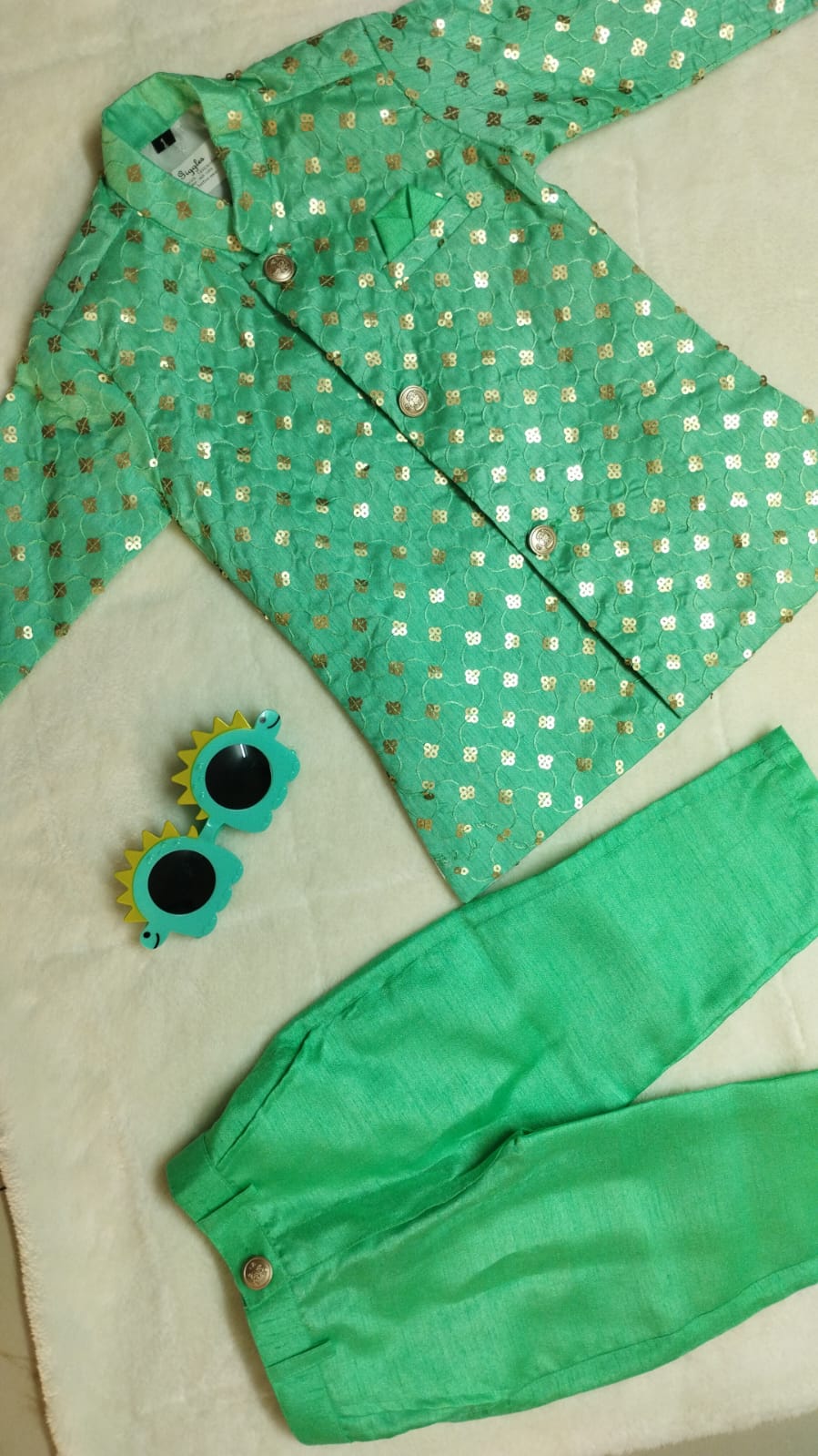 SEQUINED SILK KURTA PYJAMA FOR BOYS ETHNIC FESTIVE SEA GREEN