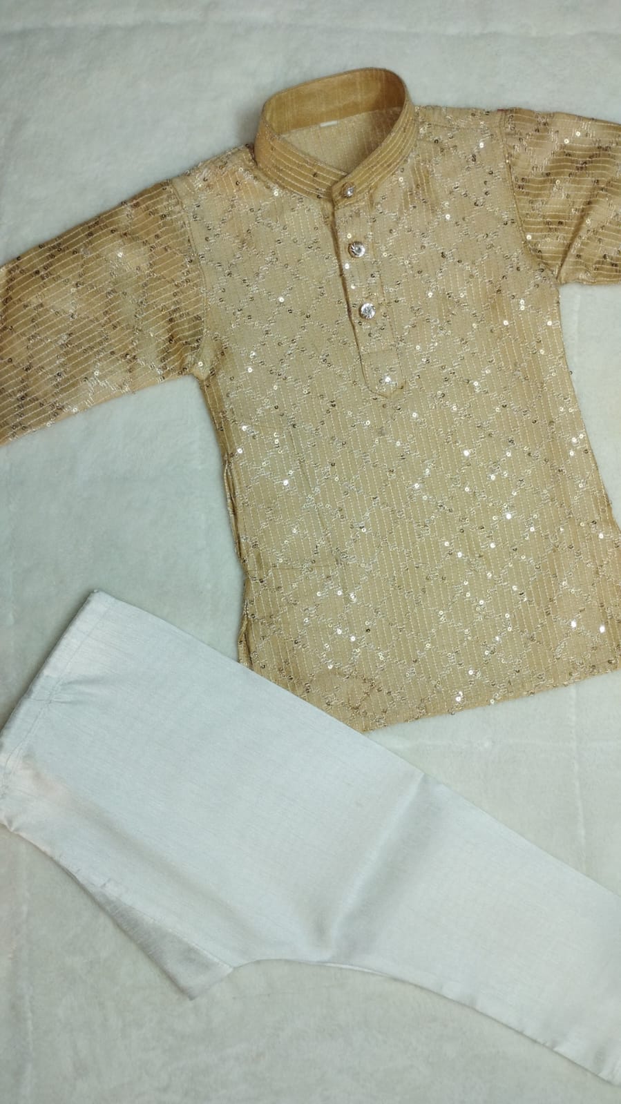 SEQUINED SILK KURTA PYJAMA FOR BOYS ETHNIC FESTIVE BEIGE