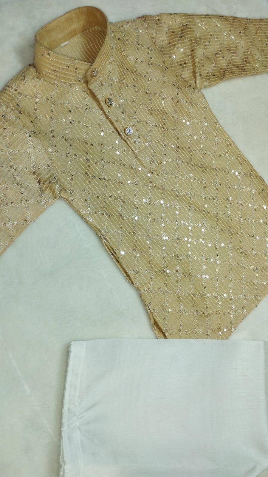 SEQUINED SILK KURTA PYJAMA FOR BOYS ETHNIC FESTIVE BEIGE