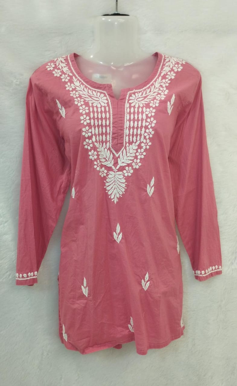 CORAL PINK AND WHITE CHIKANKARI SHORT KURTI