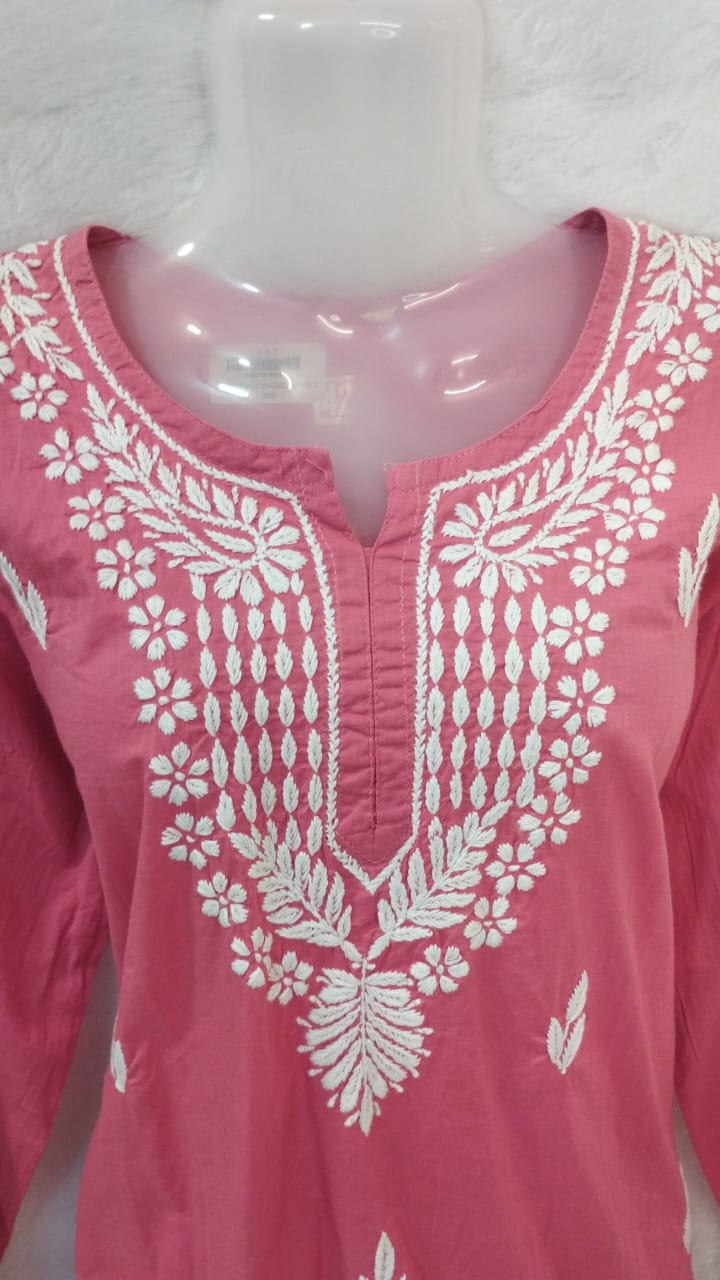 CORAL PINK AND WHITE CHIKANKARI SHORT KURTI