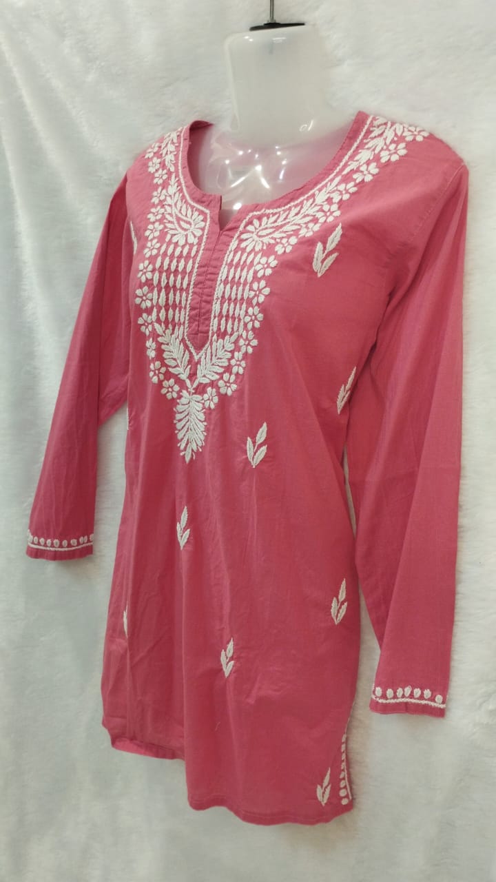 CORAL PINK AND WHITE CHIKANKARI SHORT KURTI