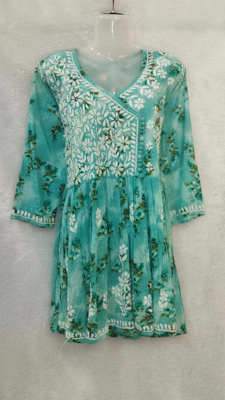 SEA GREEN AND WHITE CHIKANKARI SHORT KURTI