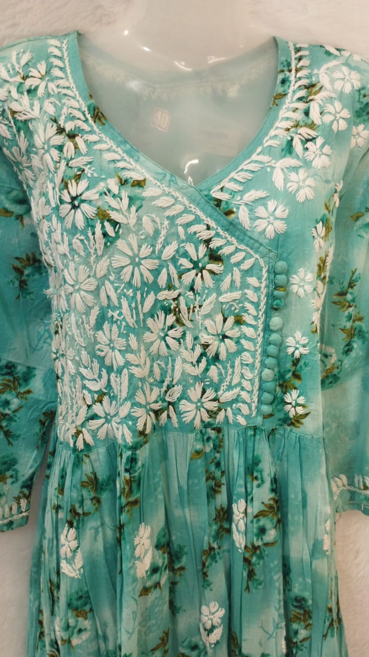 SEA GREEN AND WHITE CHIKANKARI SHORT KURTI