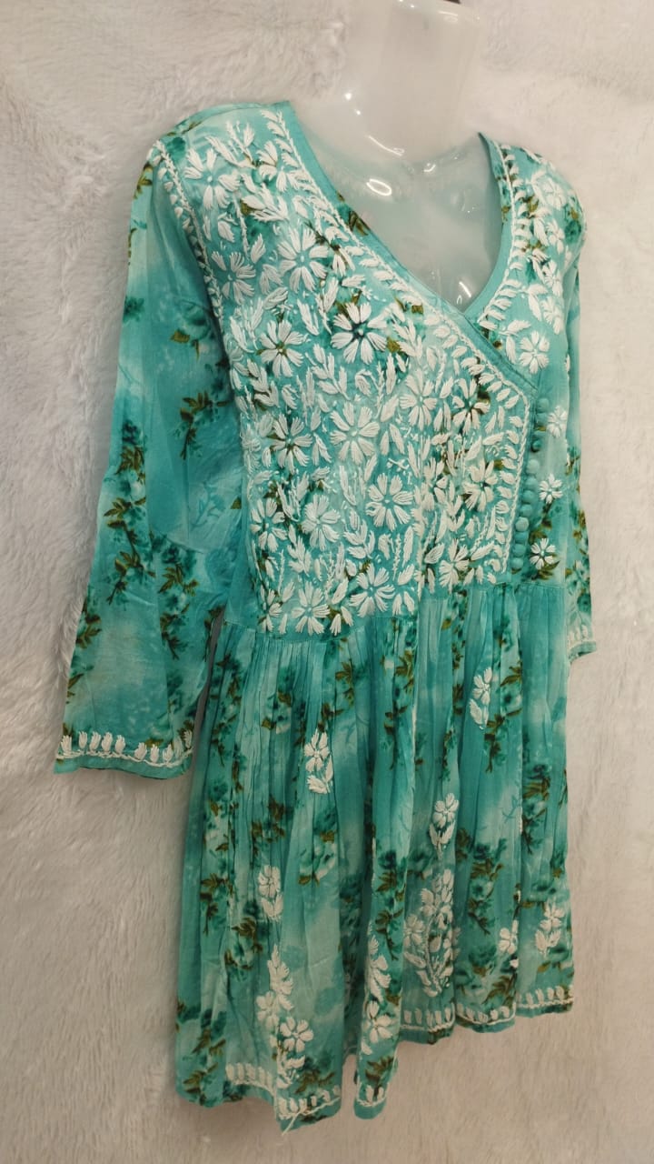 SEA GREEN AND WHITE CHIKANKARI SHORT KURTI