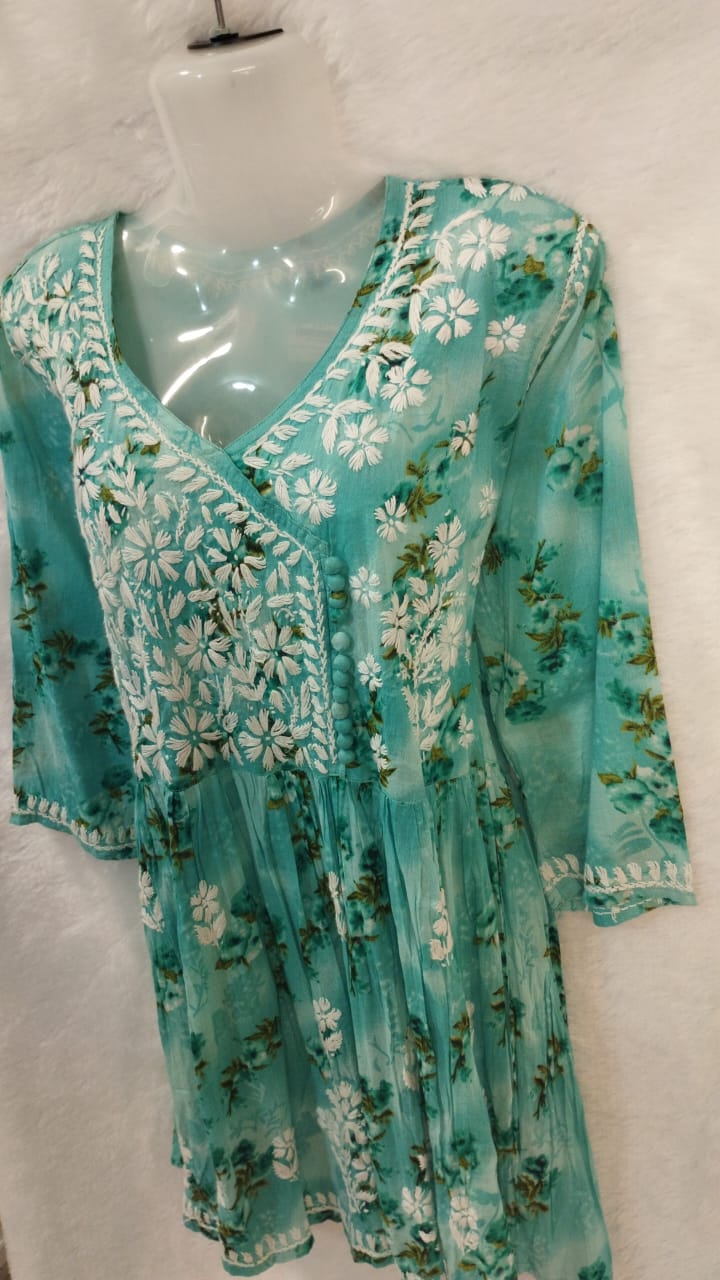 SEA GREEN AND WHITE CHIKANKARI SHORT KURTI