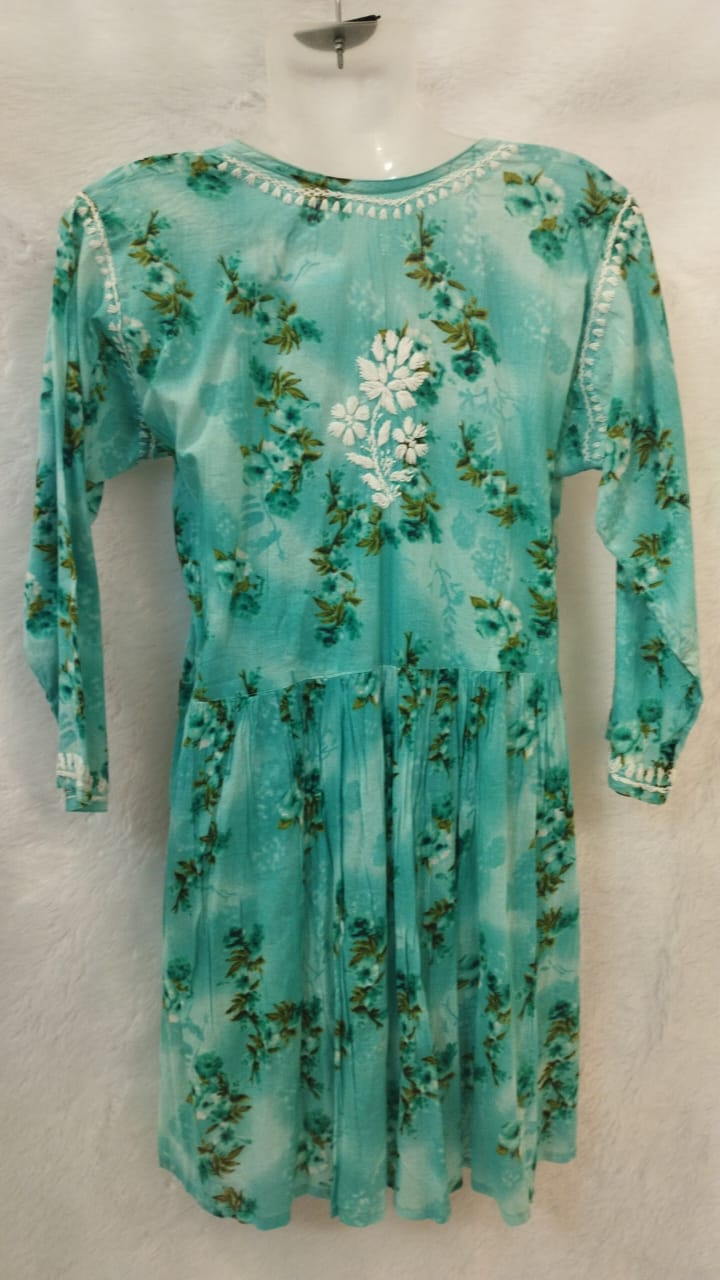 SEA GREEN AND WHITE CHIKANKARI SHORT KURTI