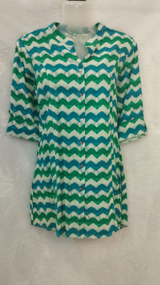 GREEN WHITE CHEVRON PRINT SHORT KURTI