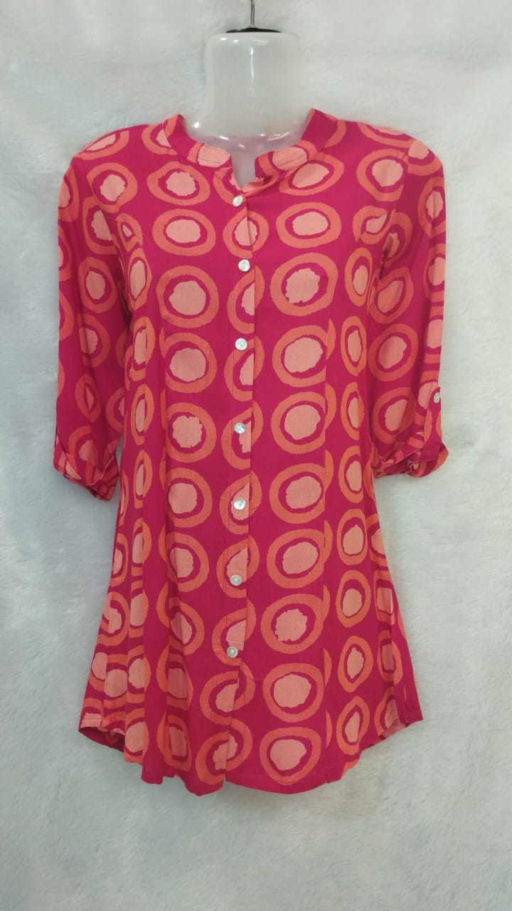 RED AND PEACH NUCLEUS PRINT RAYON KURTI