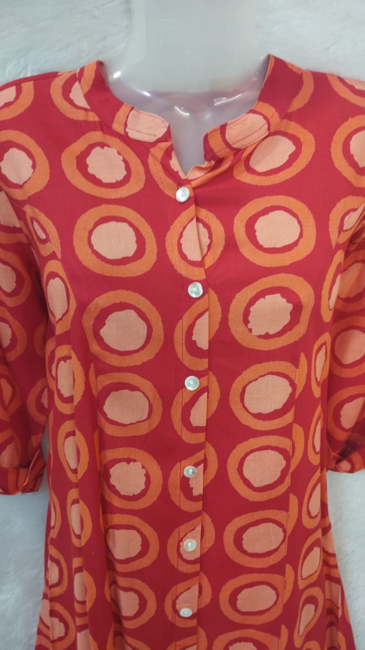 RED AND PEACH NUCLEUS PRINT RAYON KURTI