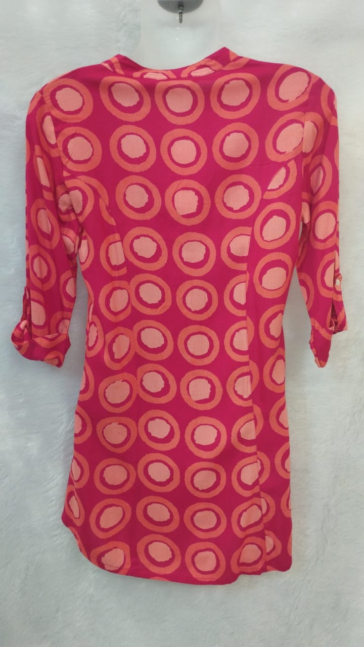 RED AND PEACH NUCLEUS PRINT RAYON KURTI