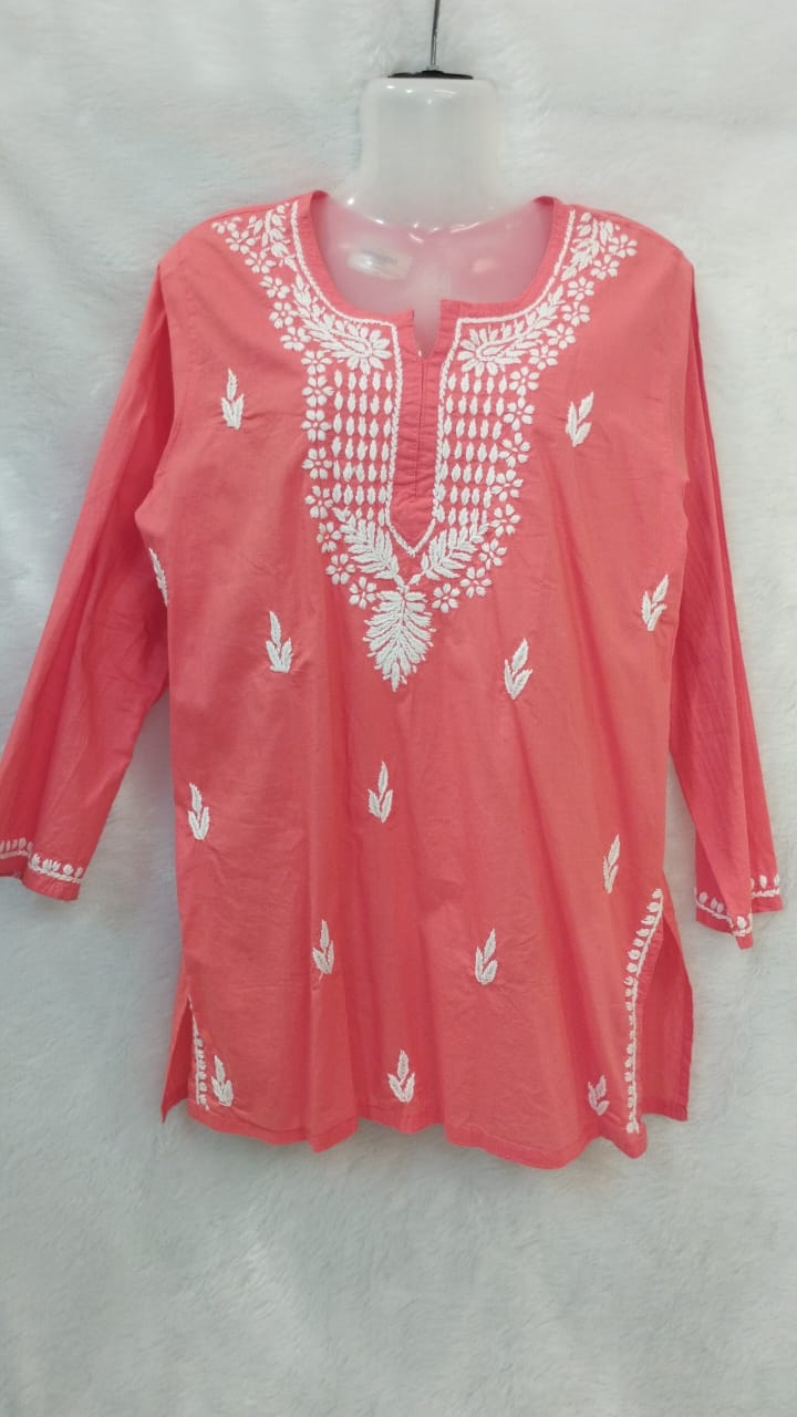 PEACH AND WHITE CHIKANKARI SHORT KURTI