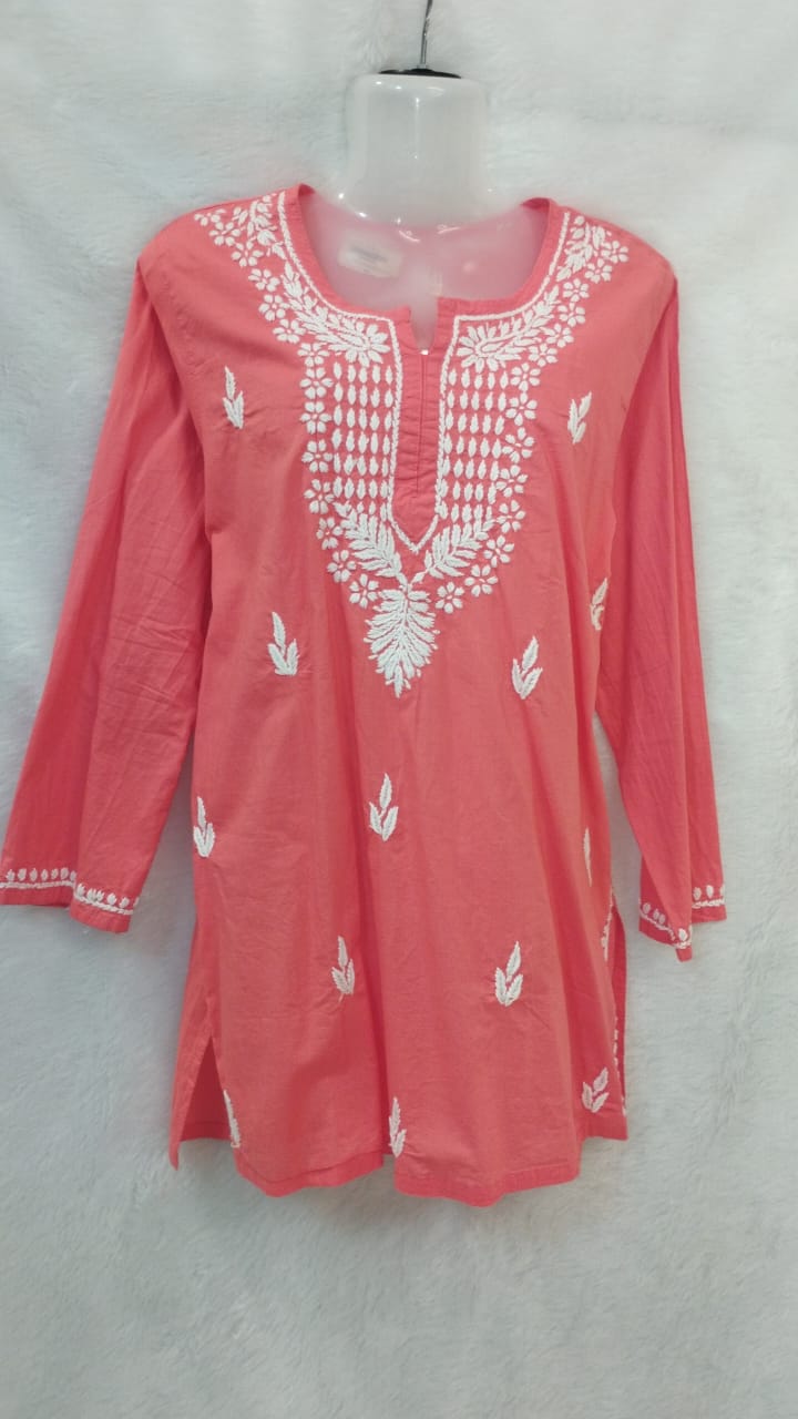 PEACH AND WHITE CHIKANKARI SHORT KURTI