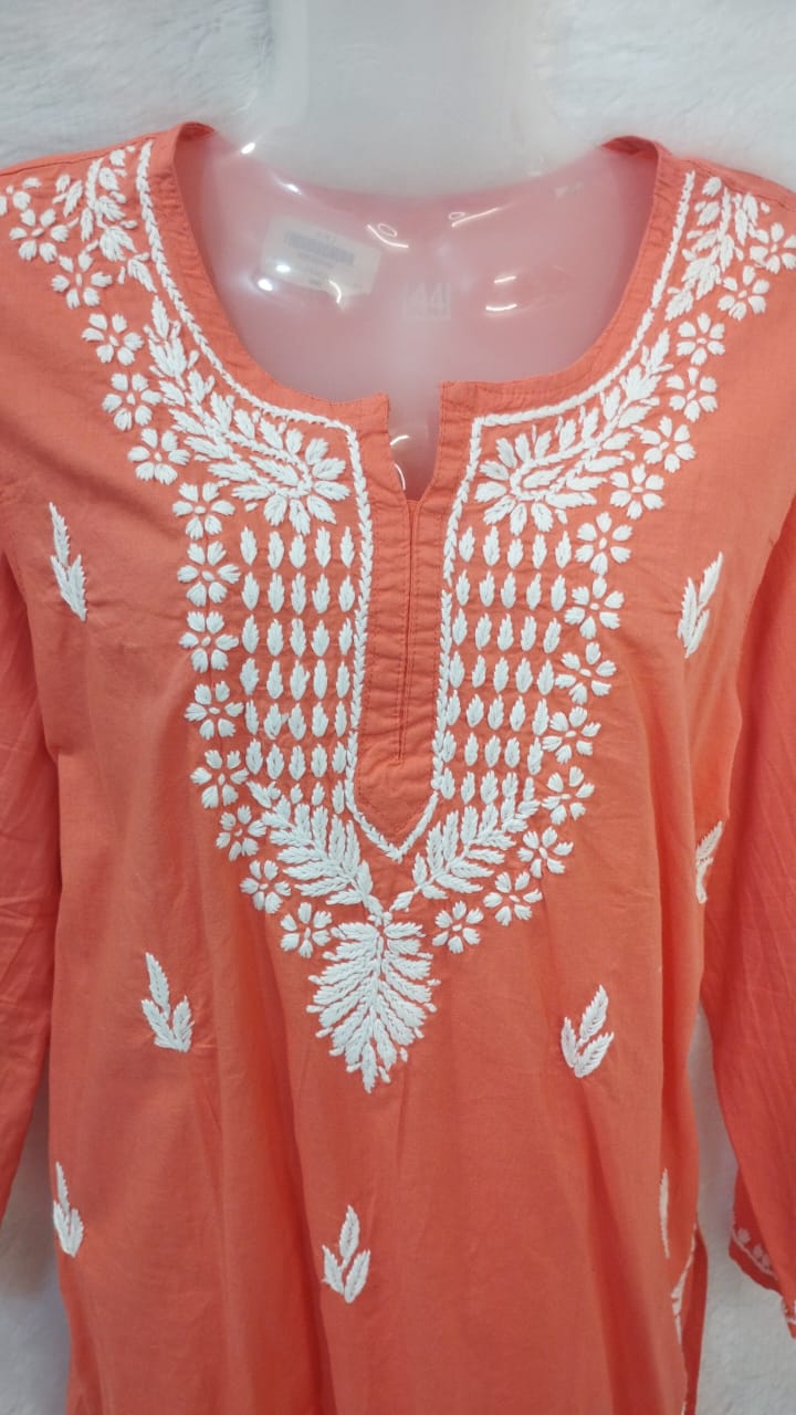PEACH AND WHITE CHIKANKARI SHORT KURTI