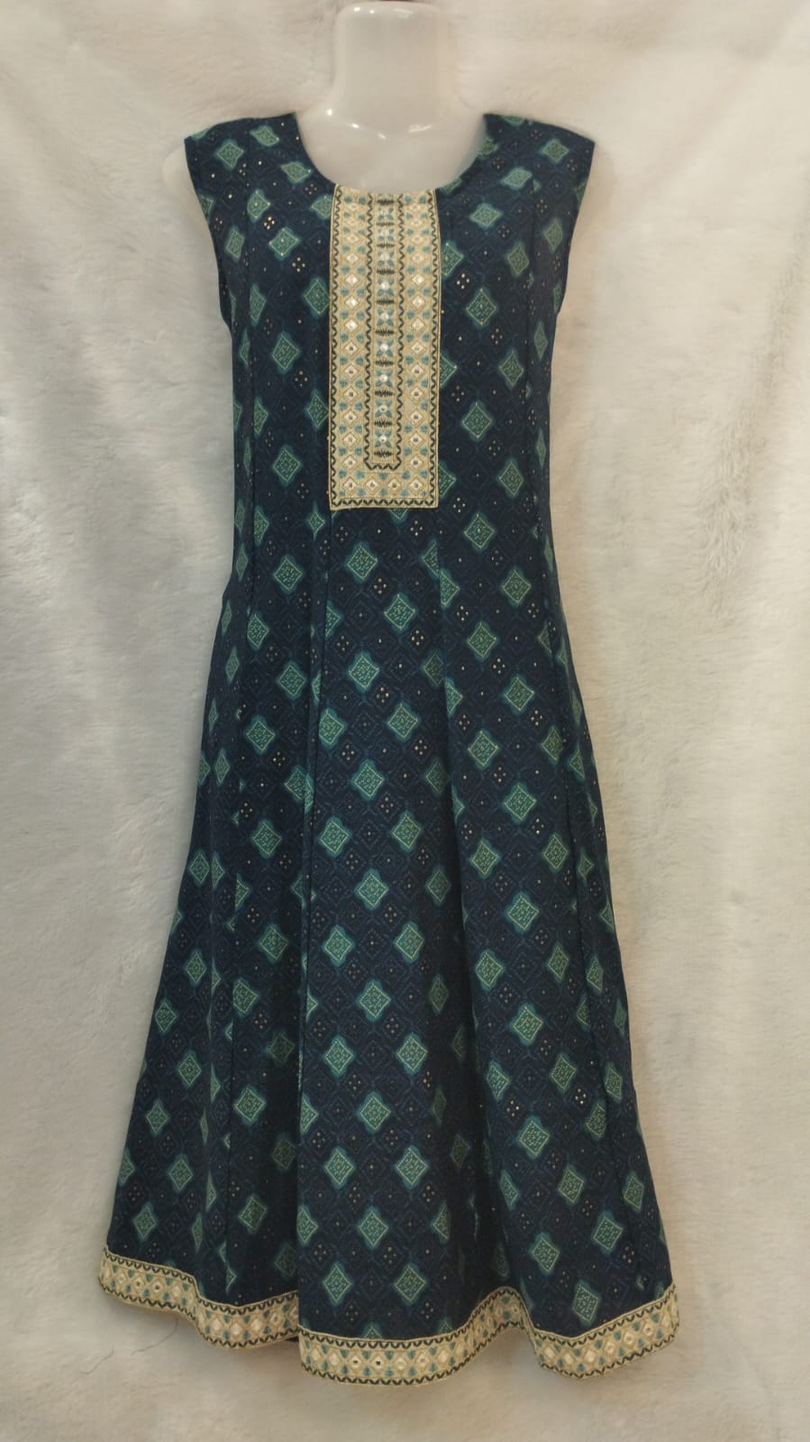 GREEN DIAMOND PRINT ON NAVY BLUE A-LINE INDO WESTERN DRESS