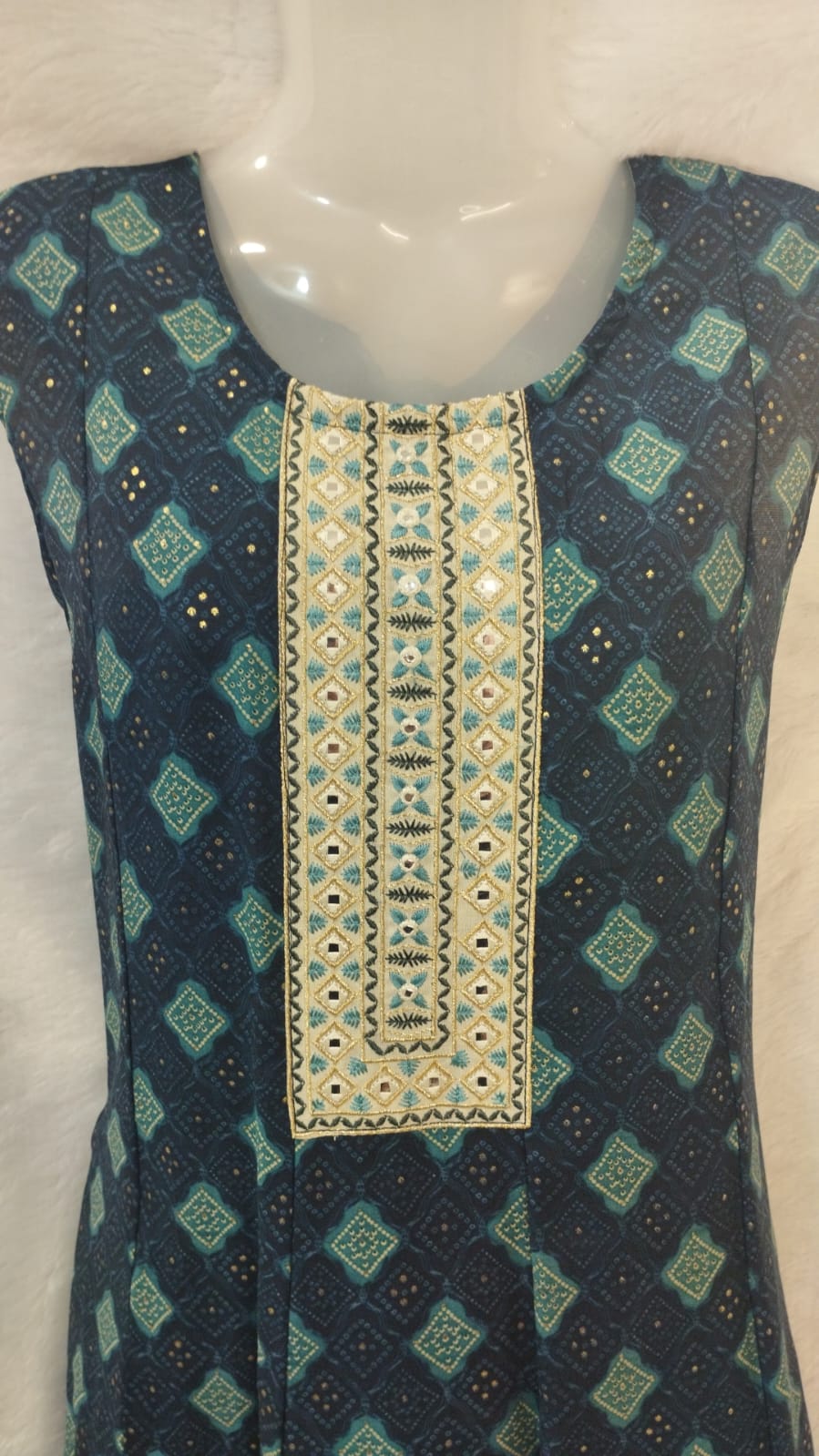 GREEN DIAMOND PRINT ON NAVY BLUE A-LINE INDO WESTERN DRESS