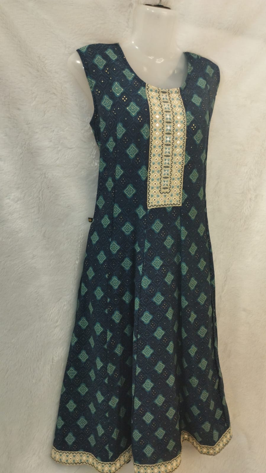 GREEN DIAMOND PRINT ON NAVY BLUE A-LINE INDO WESTERN DRESS