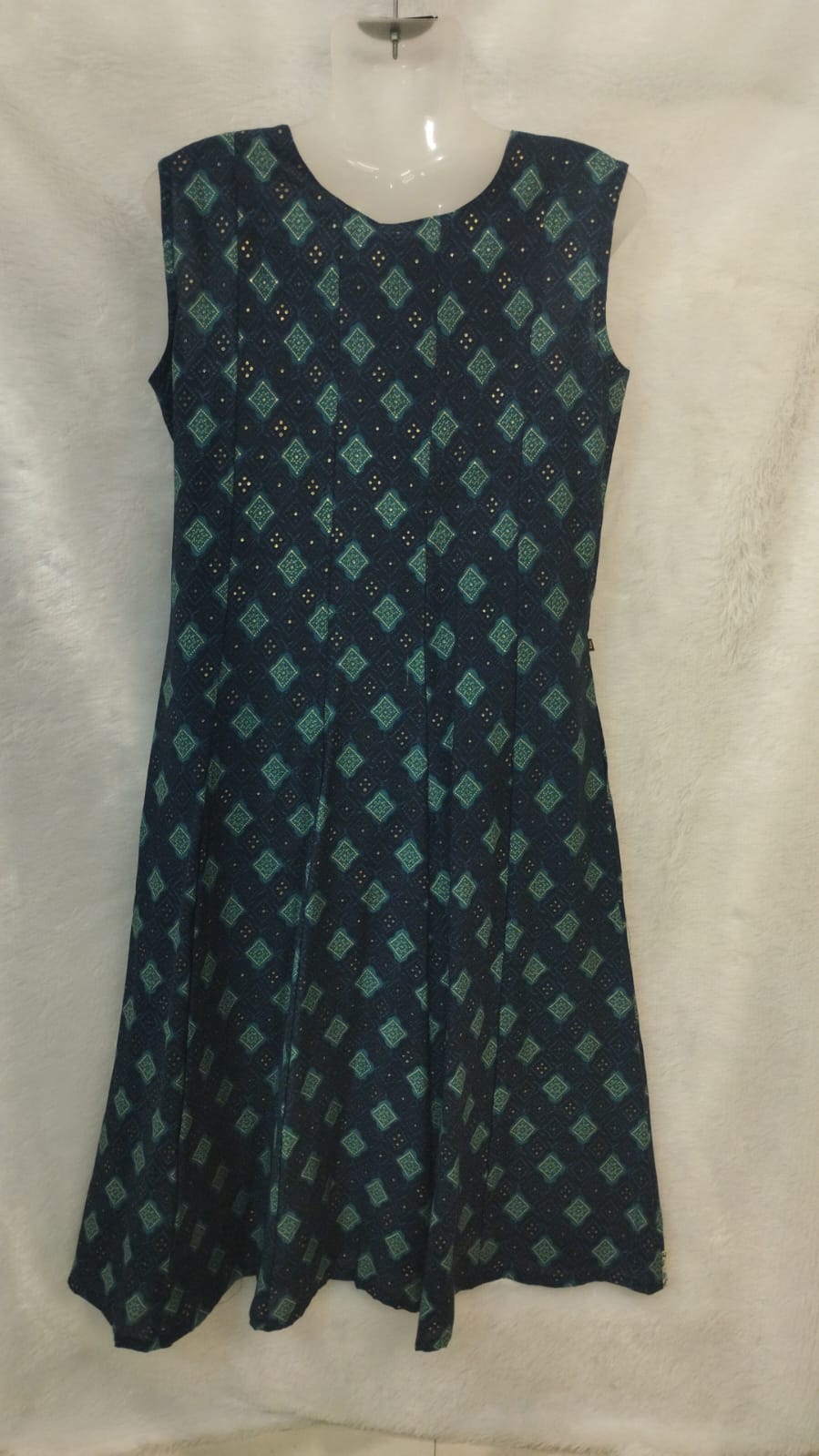 GREEN DIAMOND PRINT ON NAVY BLUE A-LINE INDO WESTERN DRESS