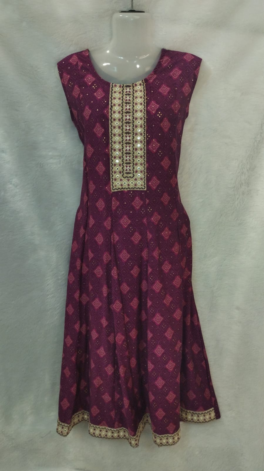 PINK DIAMOND PRINT ON MAROON A-LINE INDO WESTERN DRESS