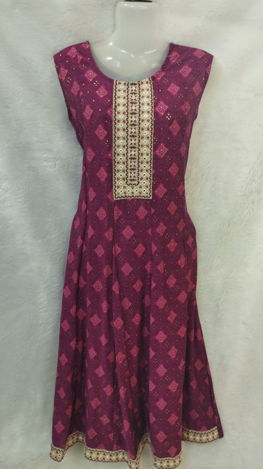 PINK DIAMOND PRINT ON MAROON A-LINE INDO WESTERN DRESS