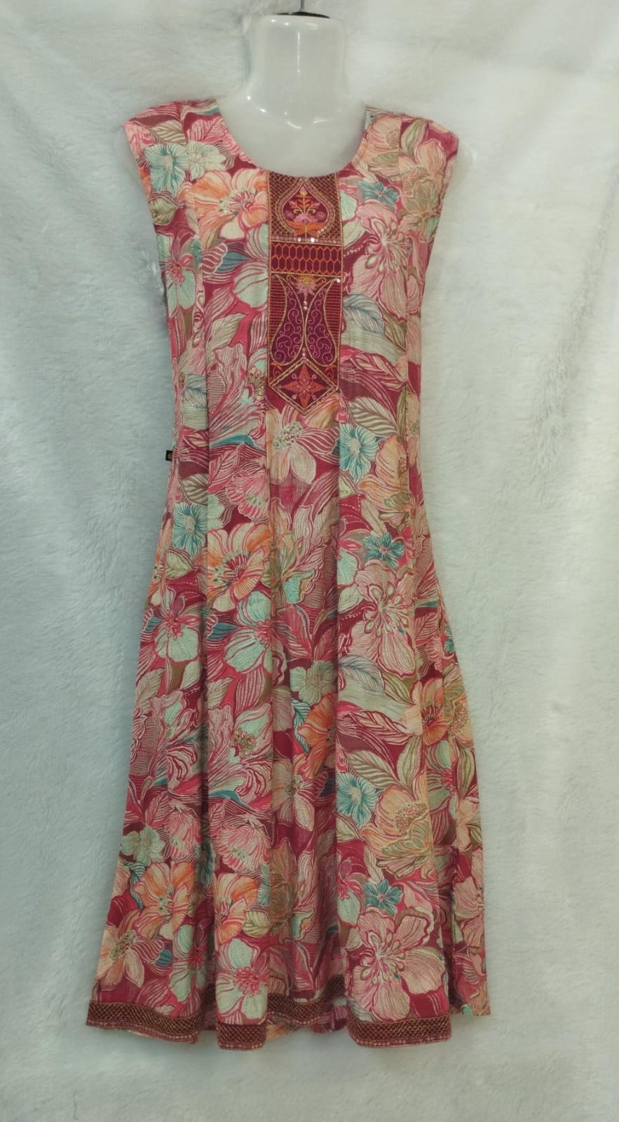 RED AND WHITE MULTI FLORAL PRINT INDOWESTERN A-LINE DRESS