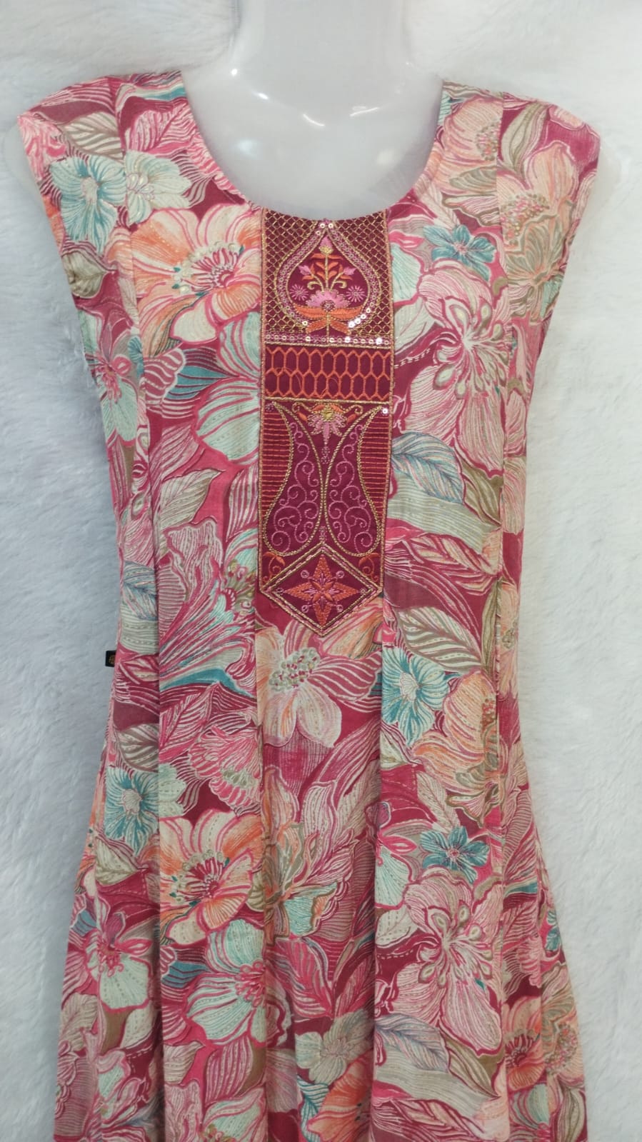 RED AND WHITE MULTI FLORAL PRINT INDOWESTERN A-LINE DRESS