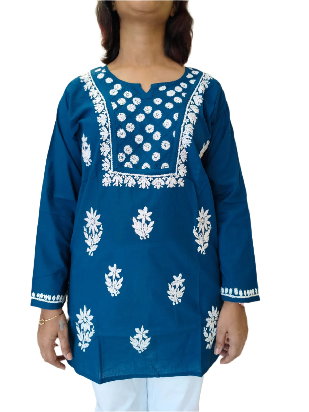NAVY BLUE AND WHITE CHIKANKARI SHORT KURTI