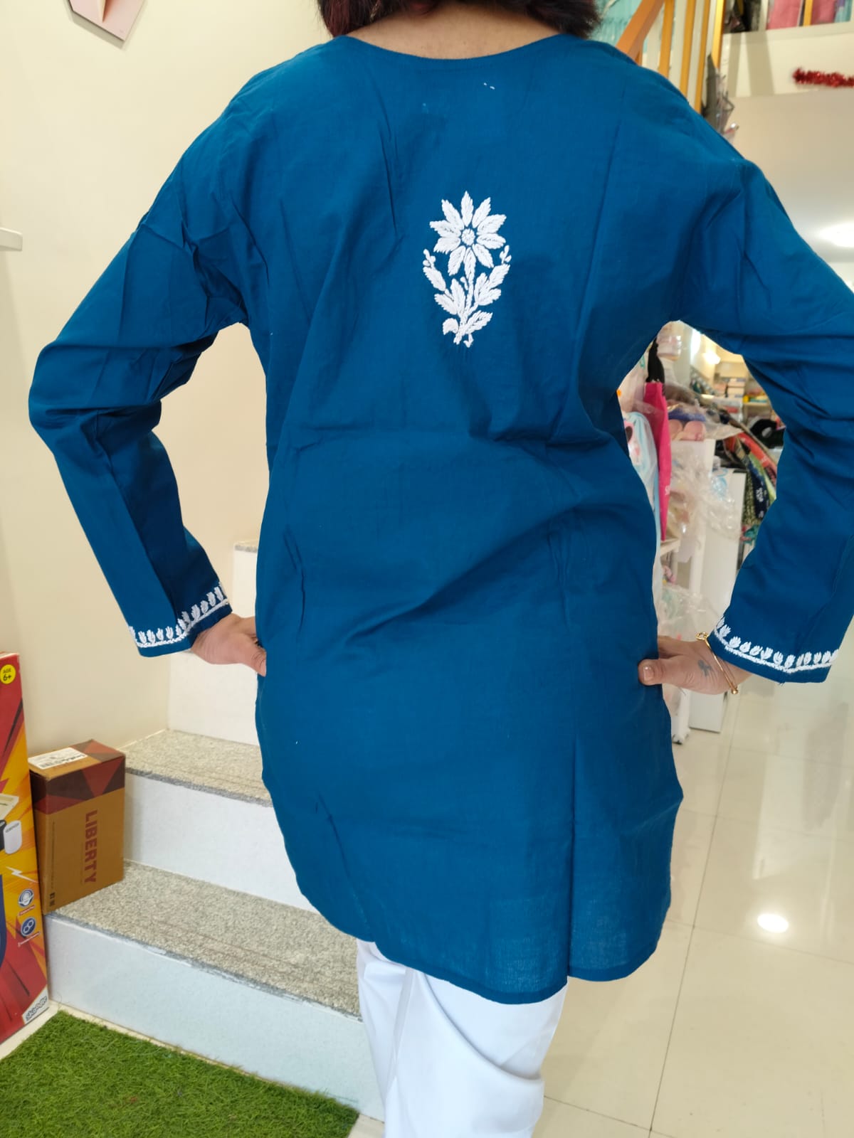 NAVY BLUE AND WHITE CHIKANKARI SHORT KURTI