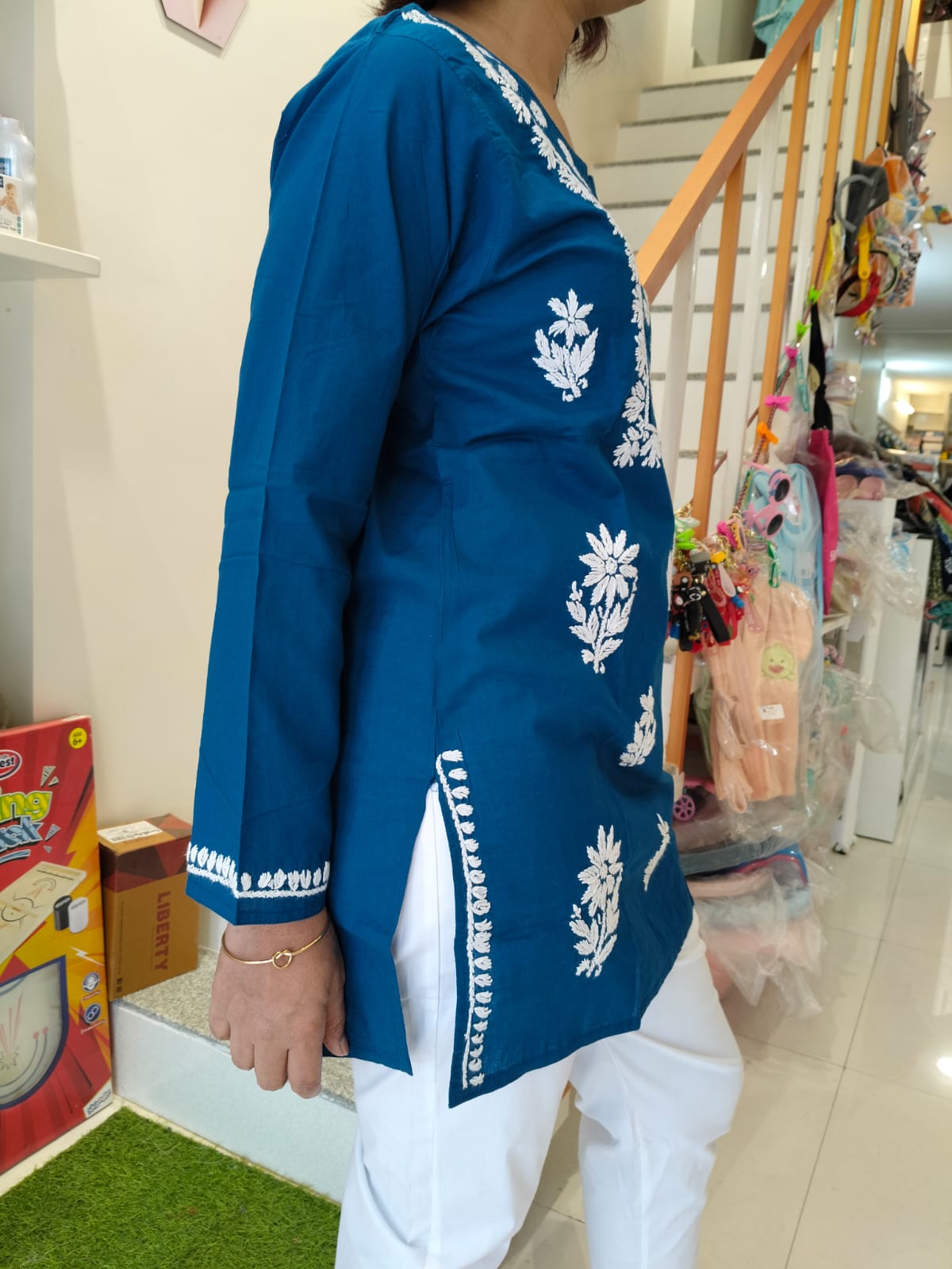 NAVY BLUE AND WHITE CHIKANKARI SHORT KURTI