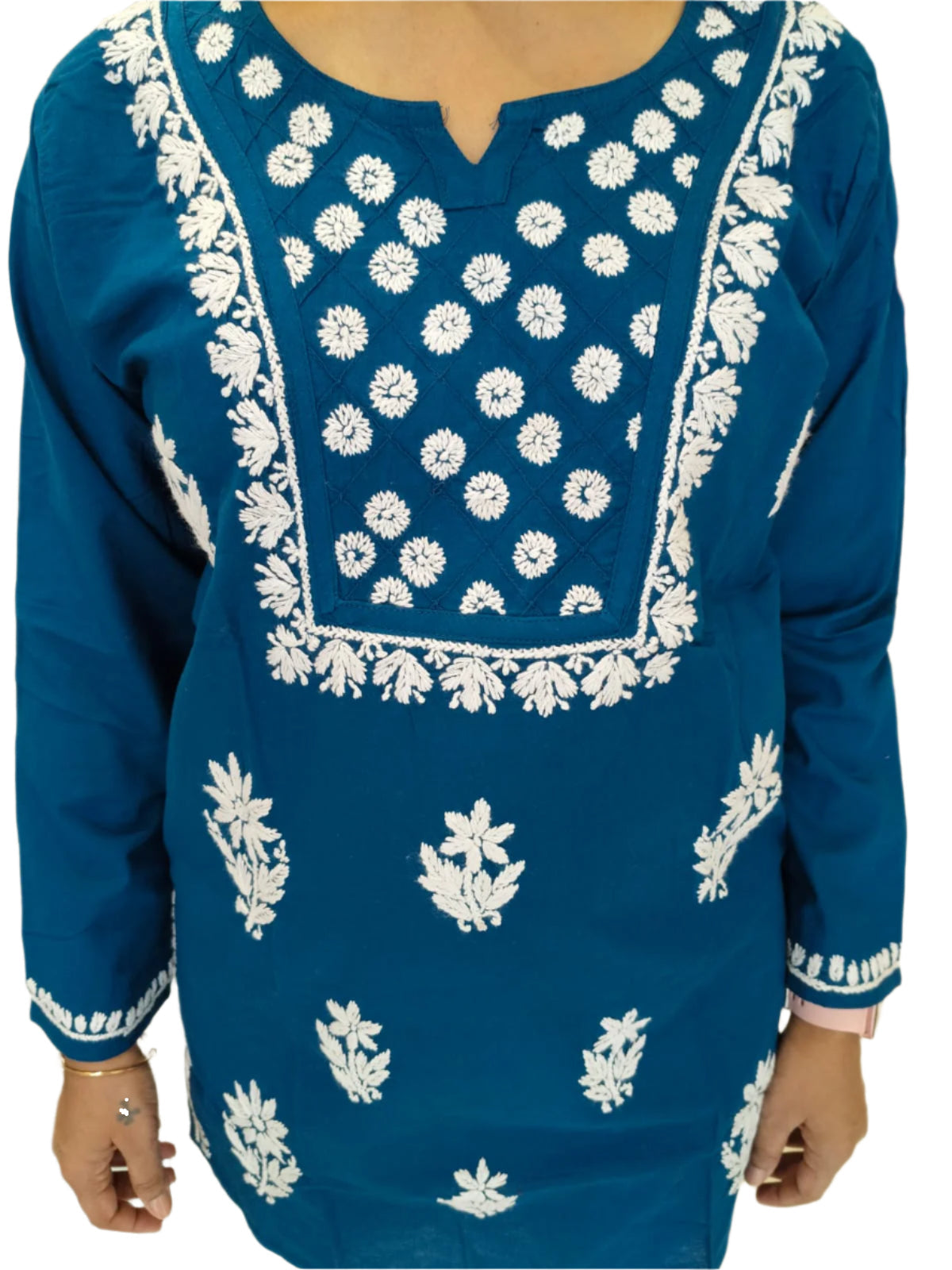 NAVY BLUE AND WHITE CHIKANKARI SHORT KURTI