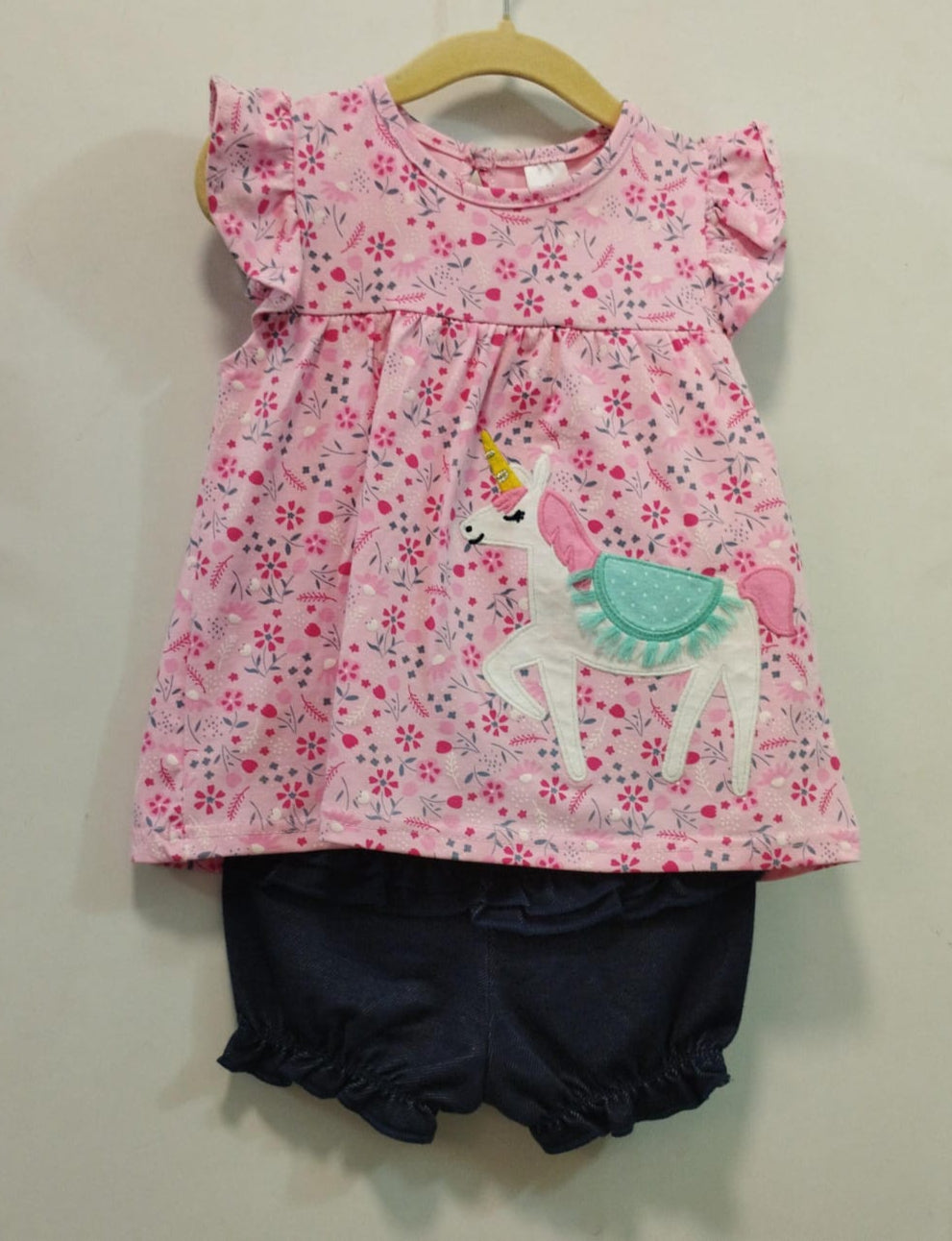 Pink floral cotton frock style top and denim look shorts