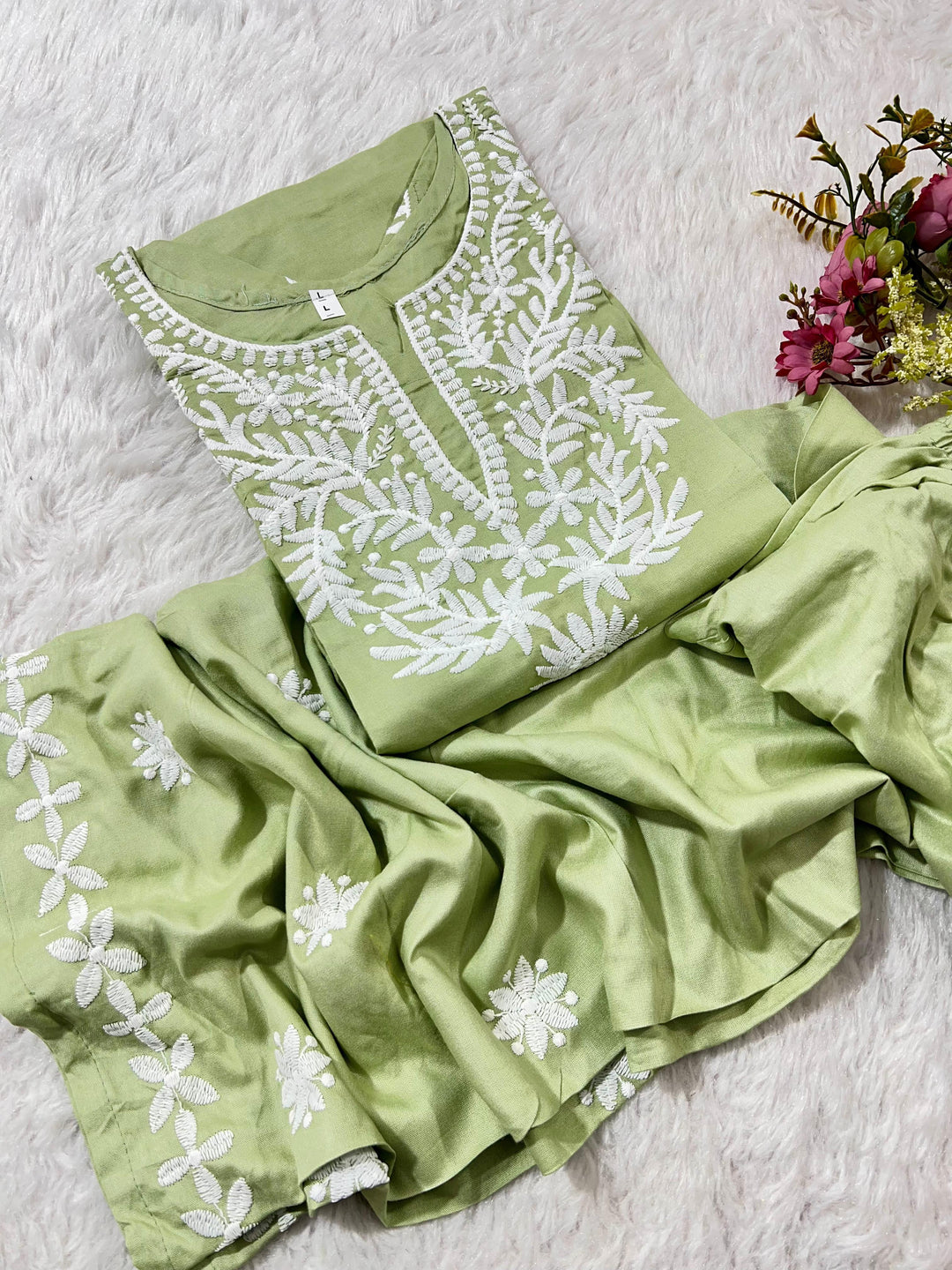 PISTA GREEN AND WHITE CHIKANKARI LONG COORDS