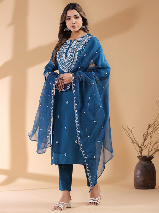 SILK NAVY BLUE FESTIVE KURTA SET