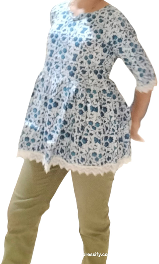 JAIPURI SHORT KURTI BLUE WITH LACE