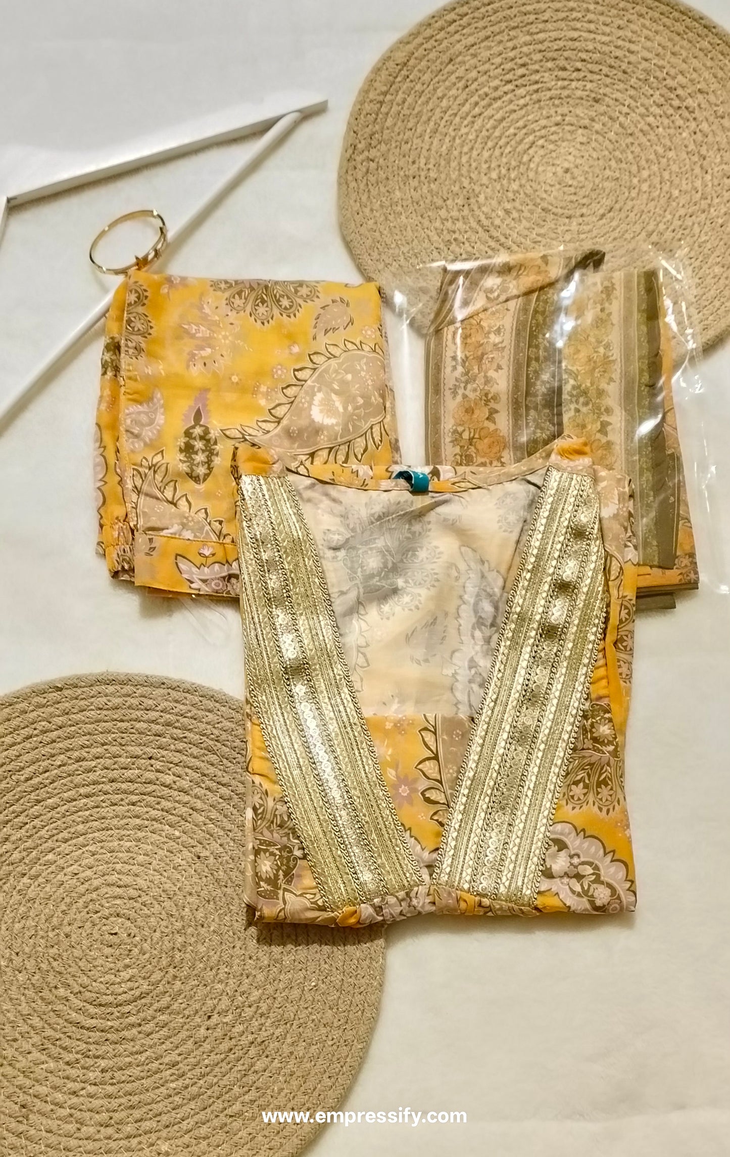 SILK GOLDEN MUSTARD KURTA TROUSERS DUPATTA SET