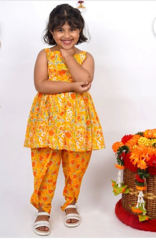 FESTIVE YELLOW ORANGE DHOTI KURTA GIRLS CO-ORD SET