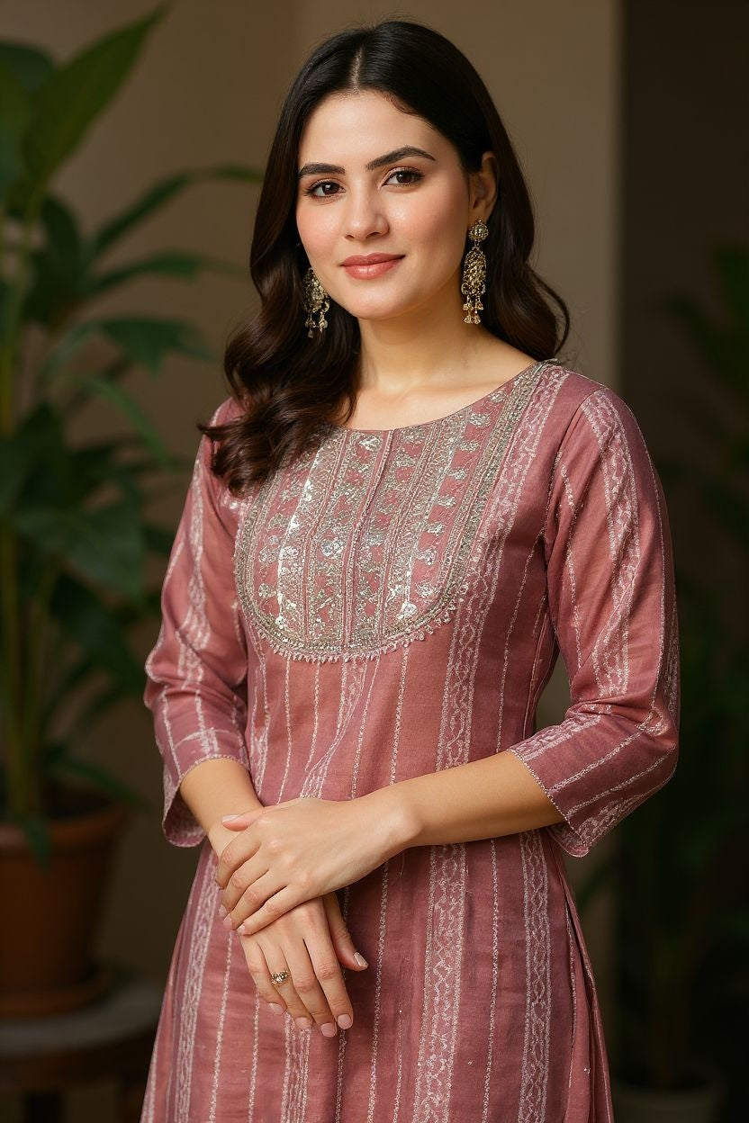 SILK BROWN AND BEIGE STRIPED KURTA TROUSERS COORDS SET