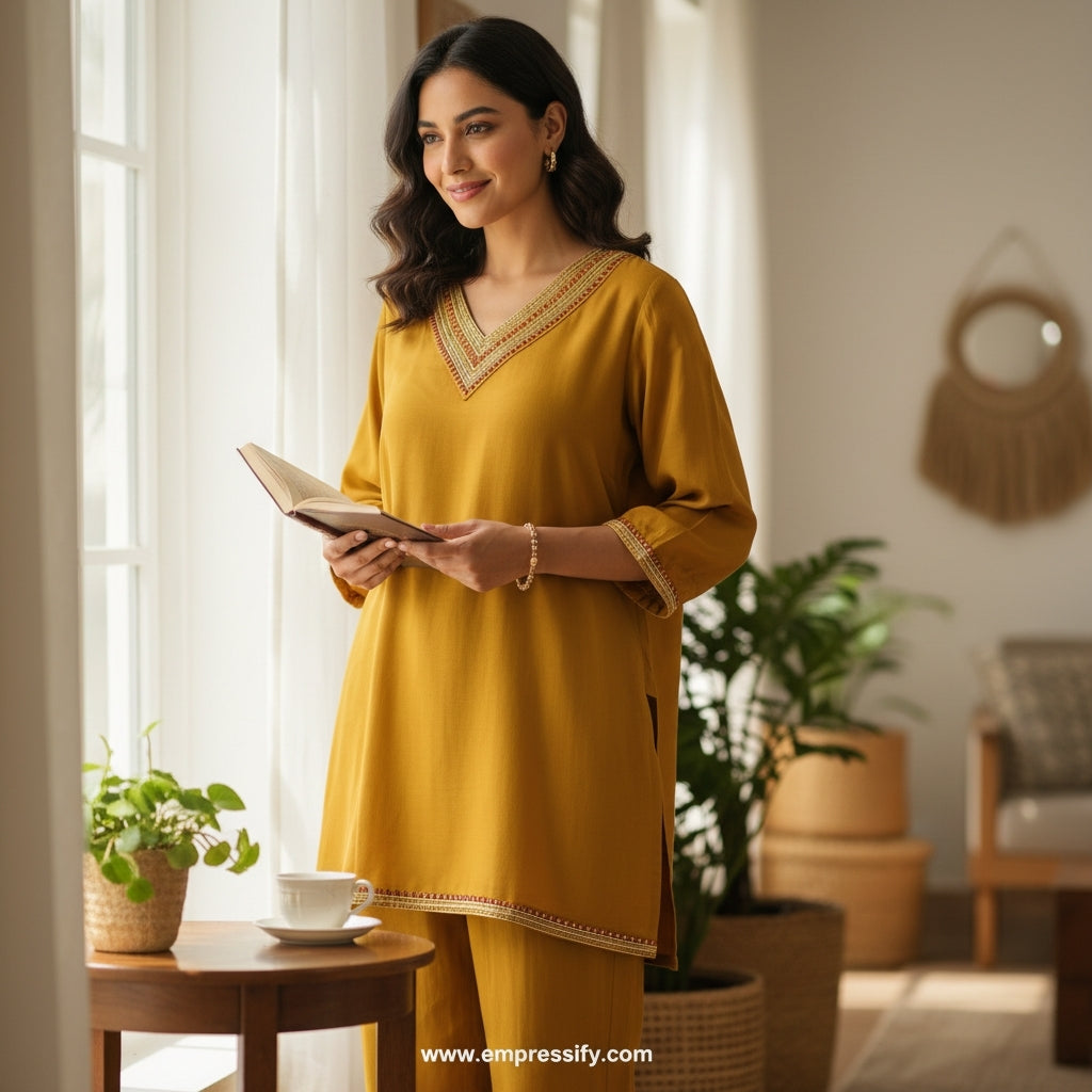 WOMEN'S FESTIVE MUSTARD COORDS SET