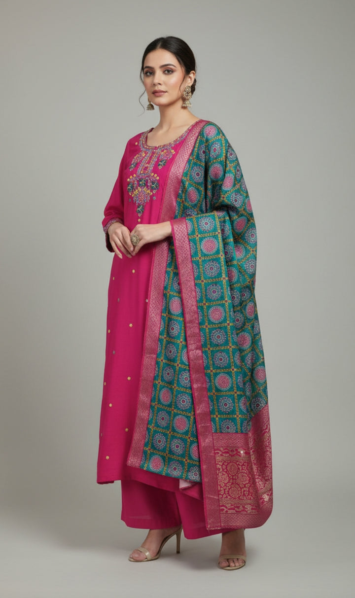 FUSCHIA PINK SILK KURTA SET