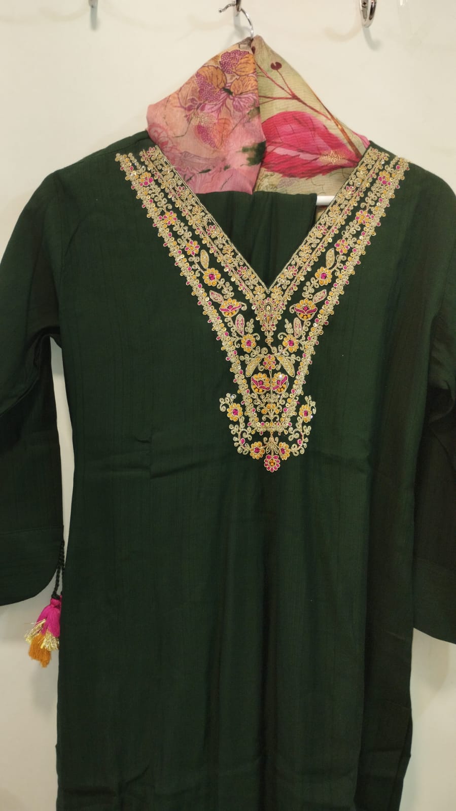Bottle green Zari neck, STRAIGHT CUT KURTA PANTS DUPATTA set