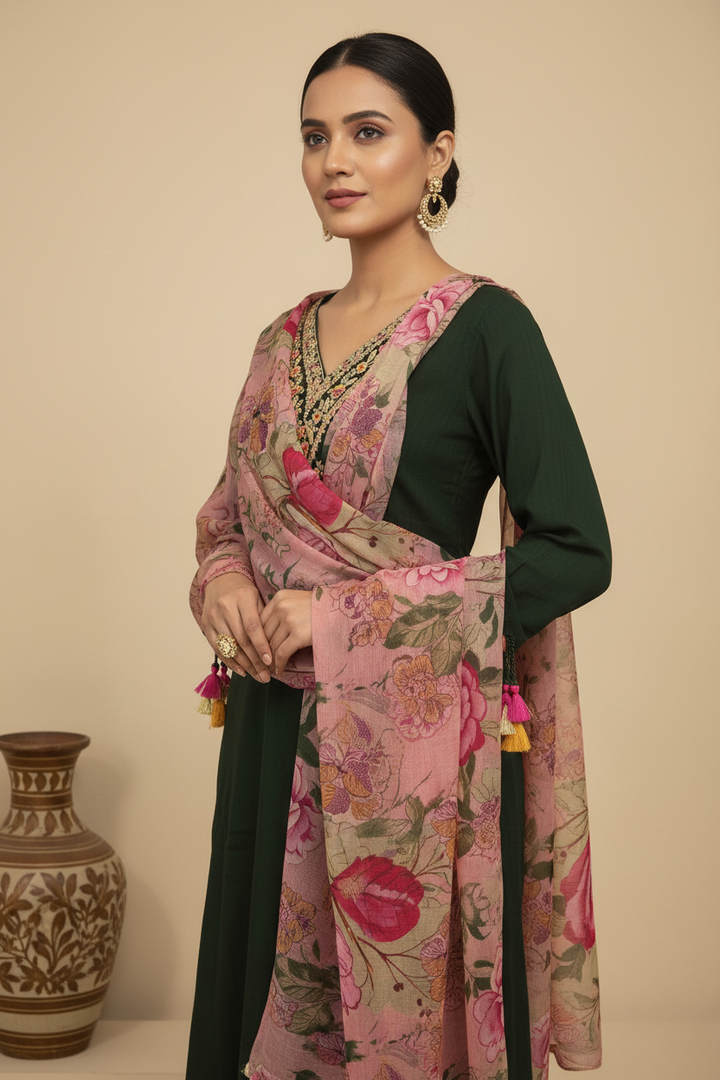 Bottle green Zari neck, STRAIGHT CUT KURTA PANTS DUPATTA set