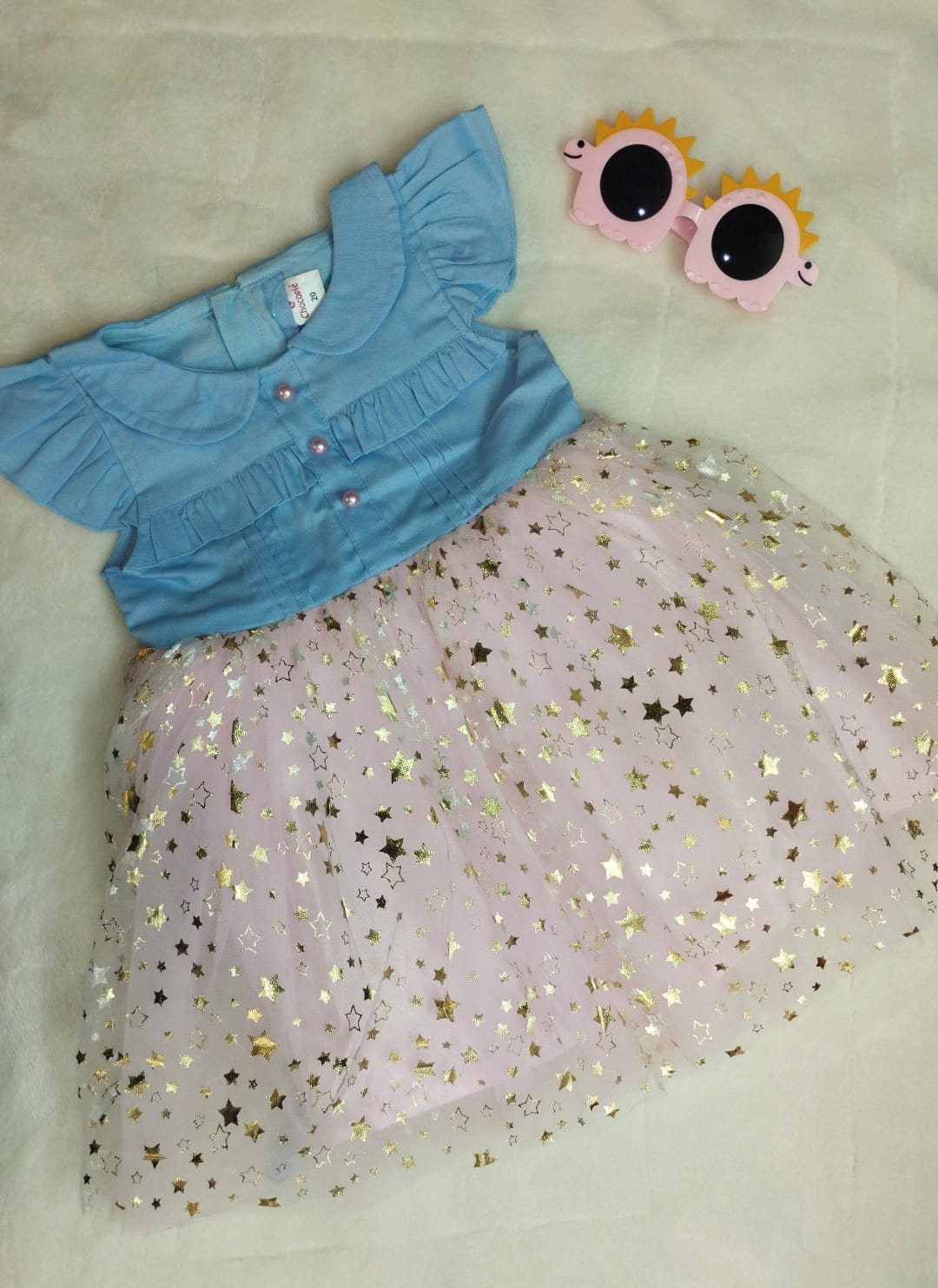 Sky blue and baby pink net party dress