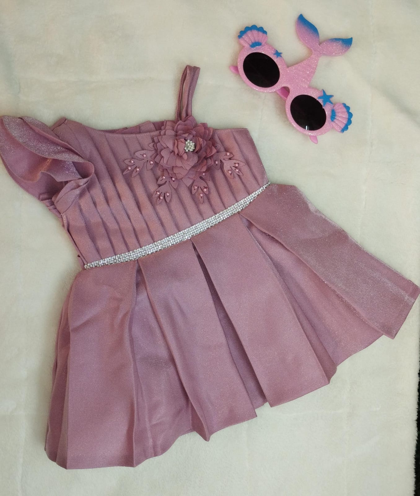 Satin off-shoulder partywear frock with frill and flower applique