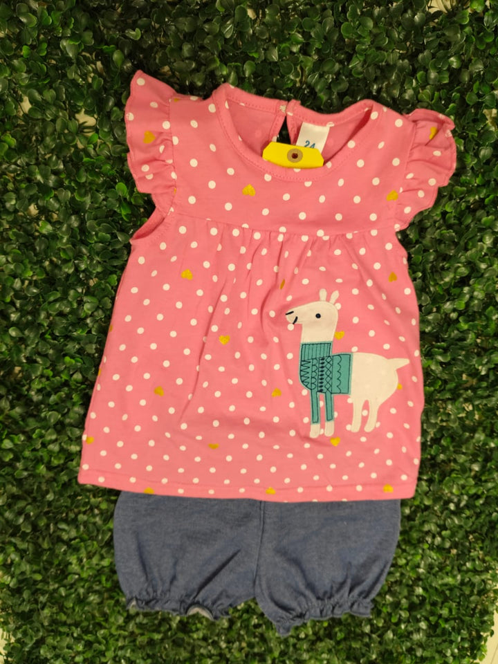 Short Flutter sleeves pink polka dots cotton top with denim look shorts cute giraffe patch