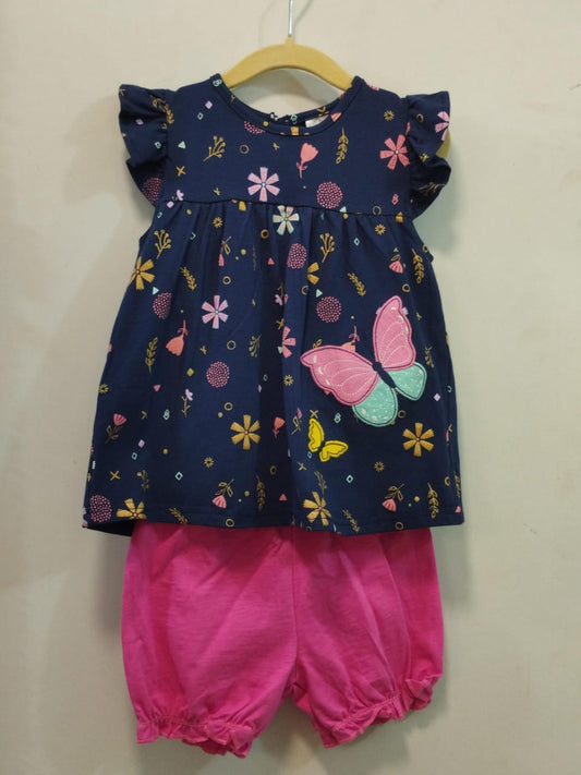 Navy blue & pink floral cotton frock style top and shorts